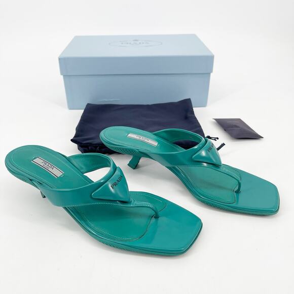 Prada Assenzio Green Padded Logo Square Toe Kitten Heel Thong Sandals IT 40 - Picture 1 of 14